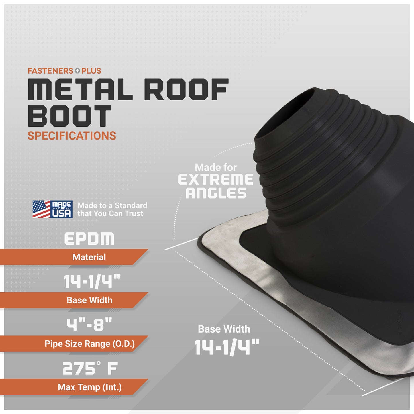 Metal roof boot with specifications on a gray background