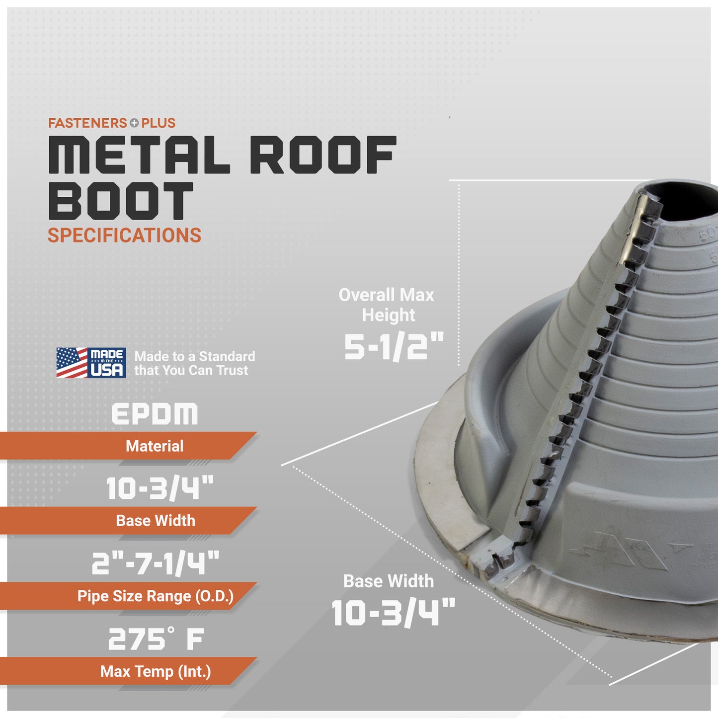 Metal roof boot with specifications on a gray background