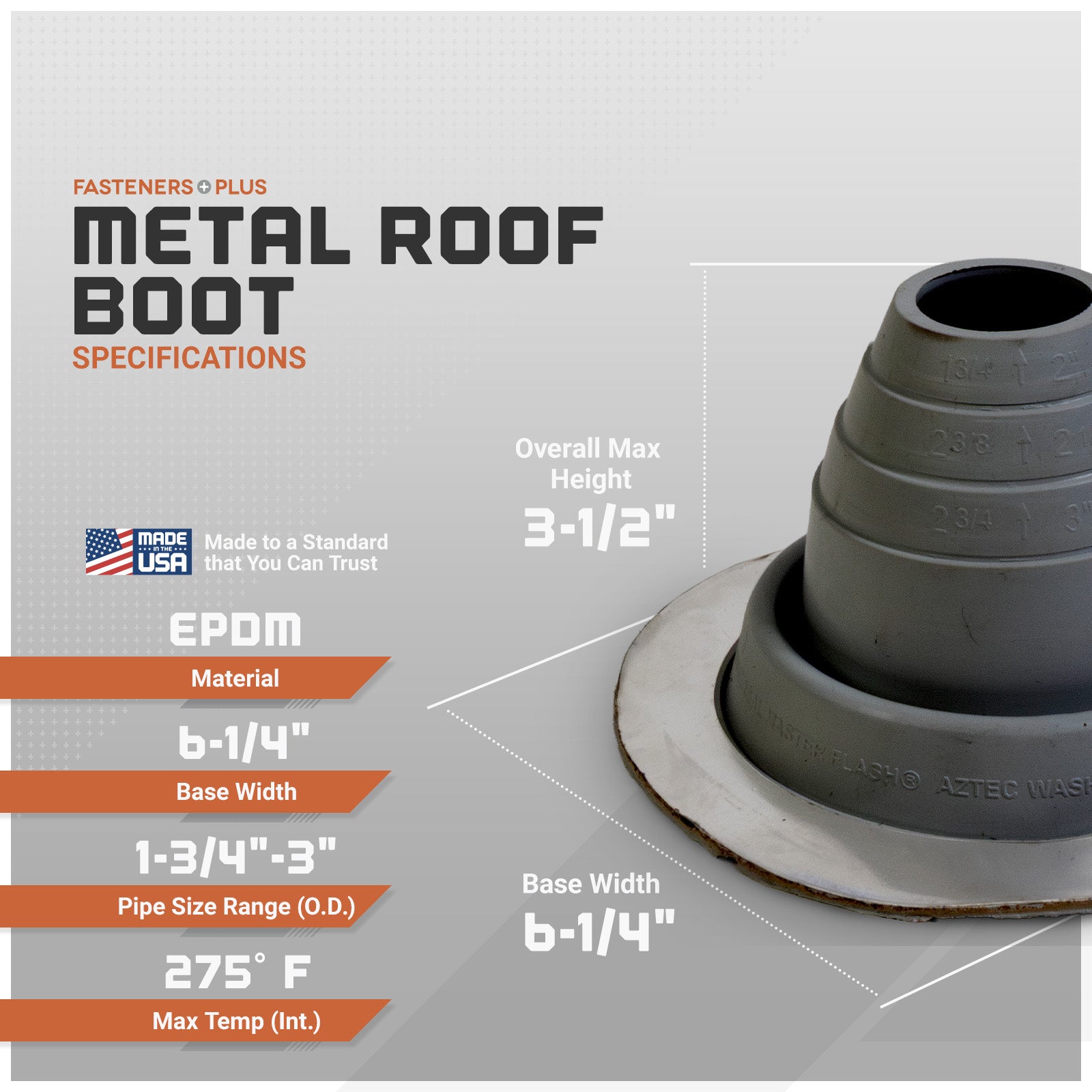 Metal roof boot with specifications on a gray background