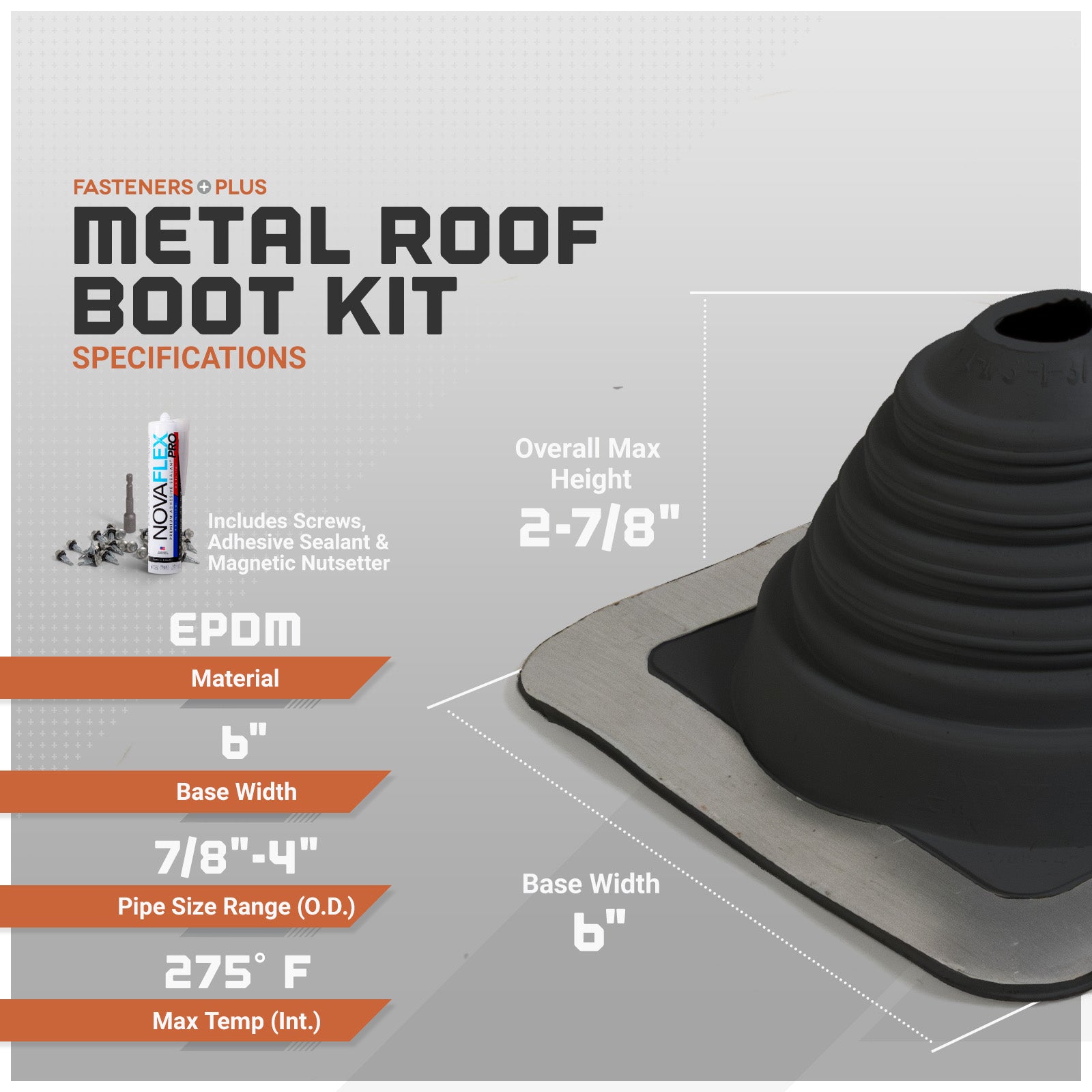 Metal roof boot kit with specifications on a gray background