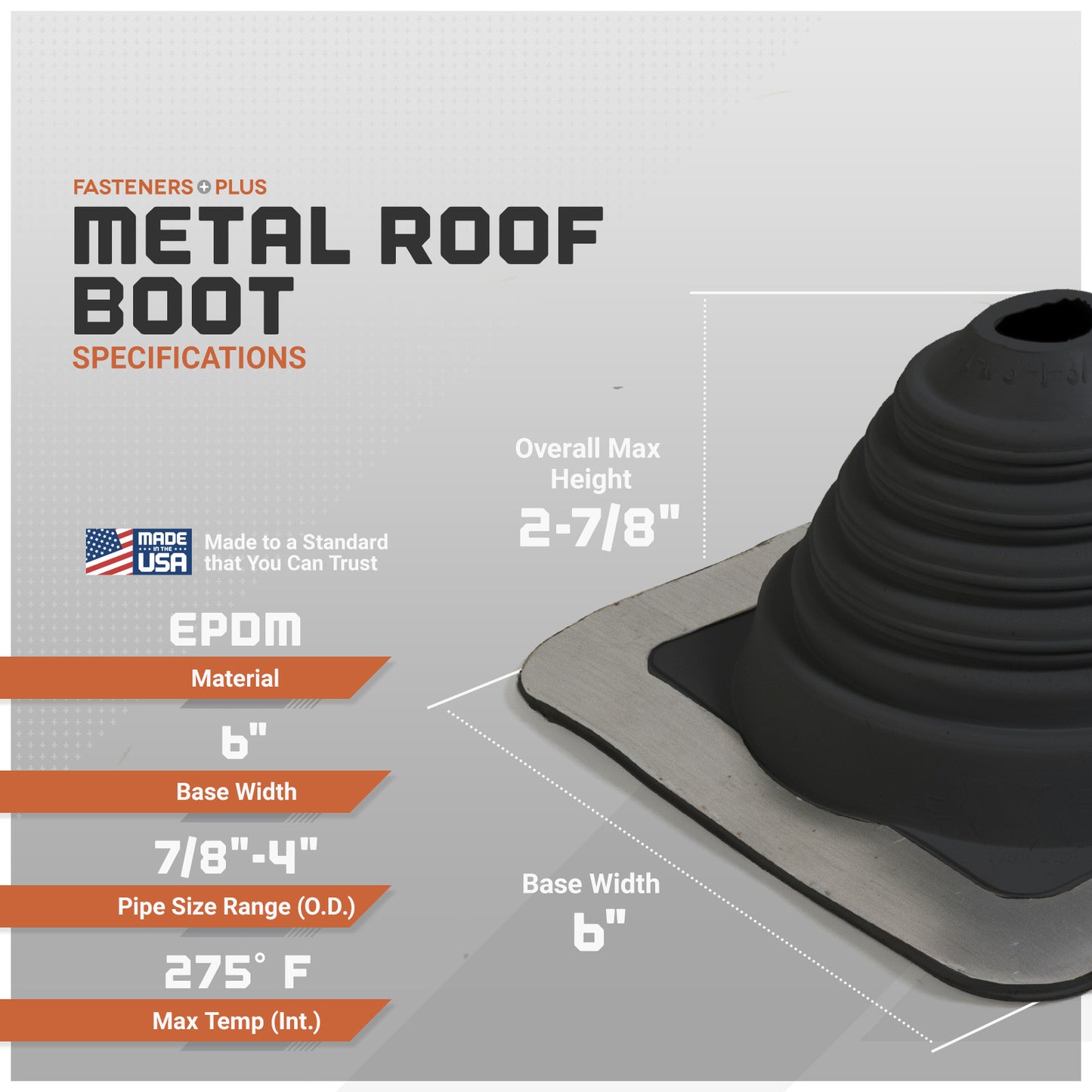 Metal roof boot specifications with a close-up of the product on a gray background