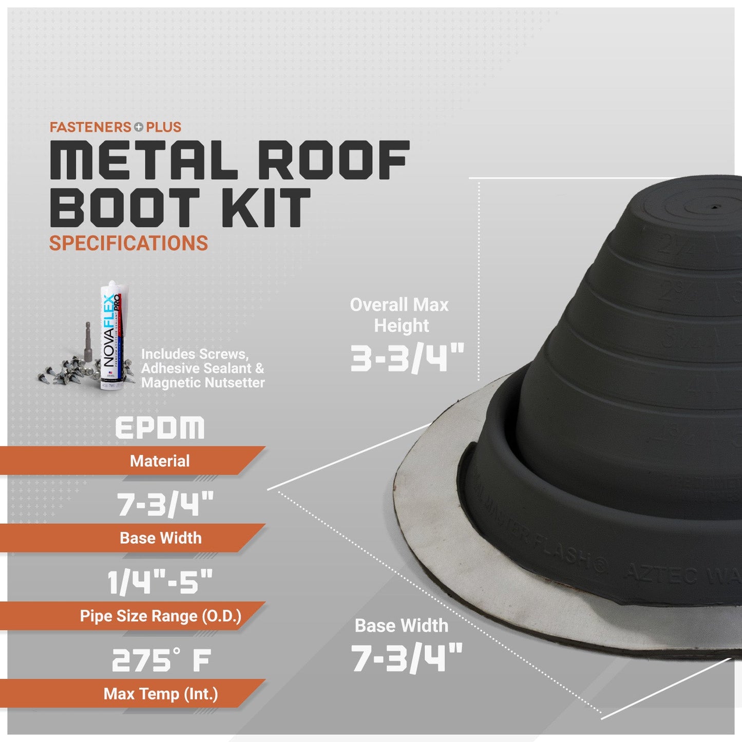 Metal roof boot kit with specifications on a gray background