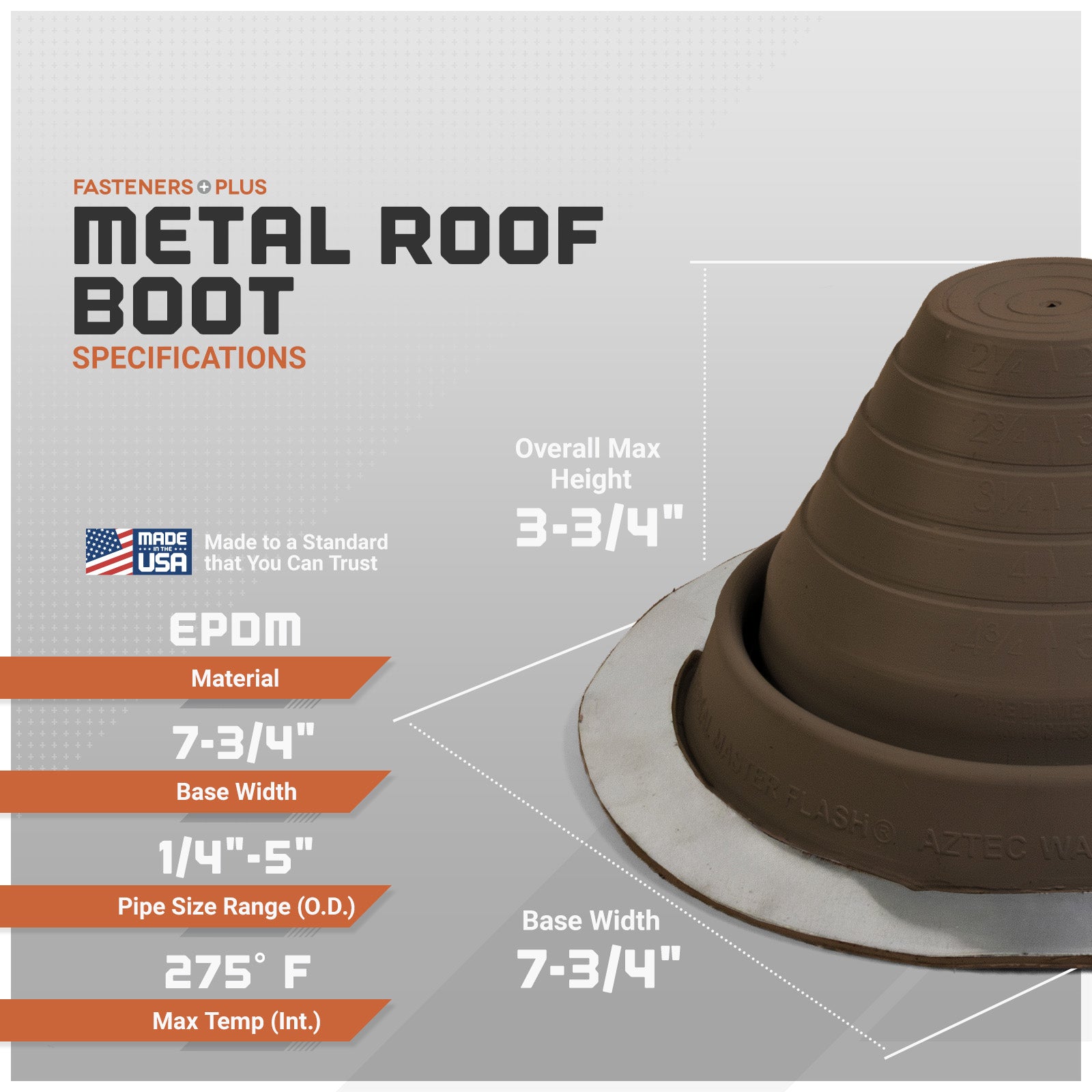Metal roof boot with specifications on a gray background