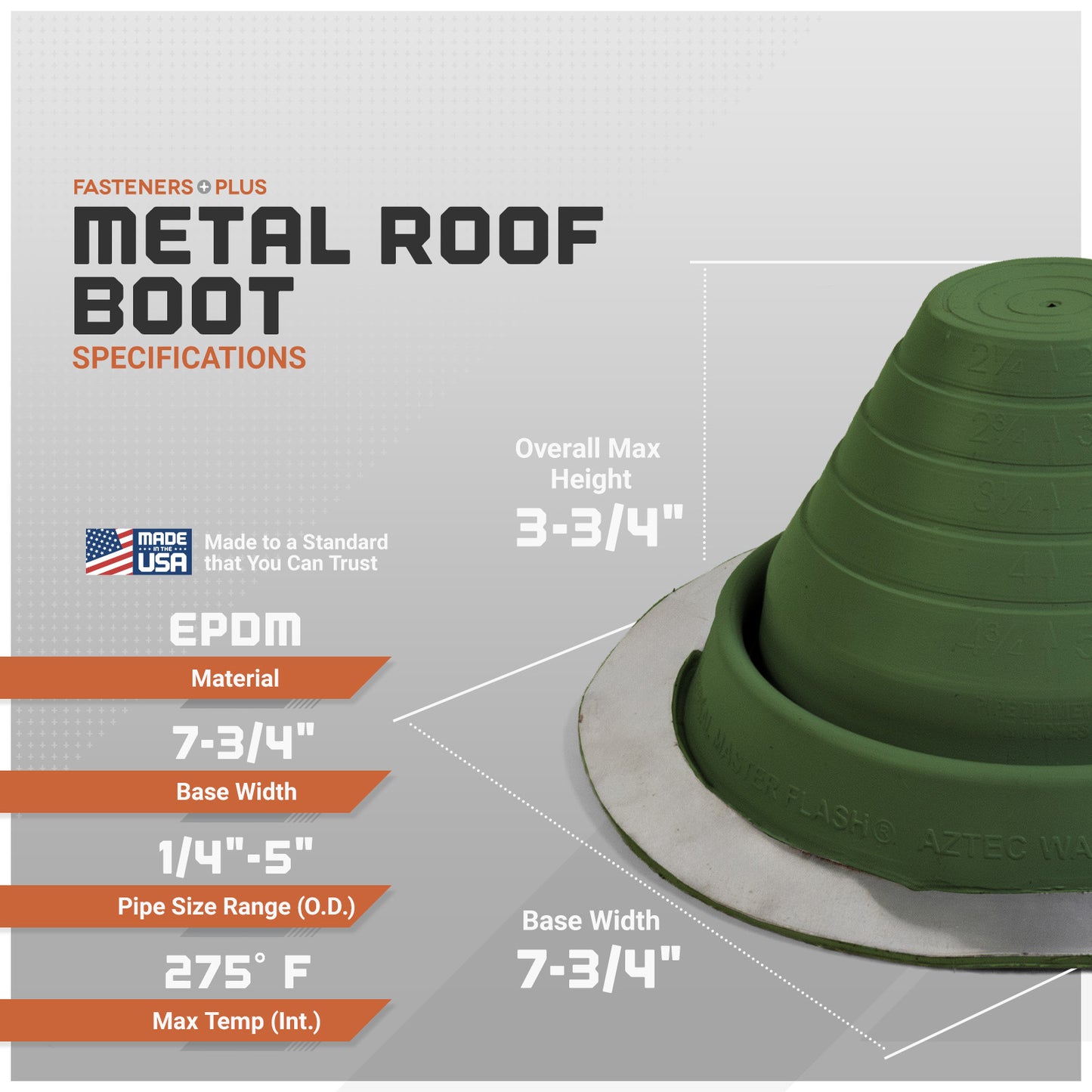 Metal roof boot with specifications on a gray background