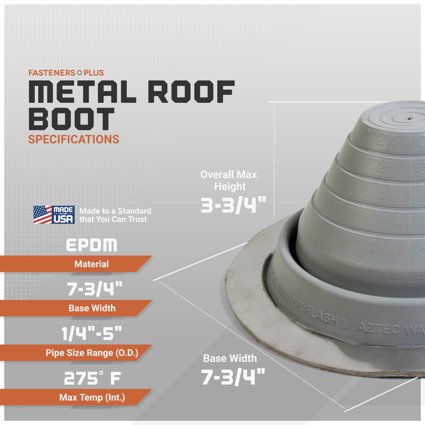 Metal roof boot with specifications on a gray background