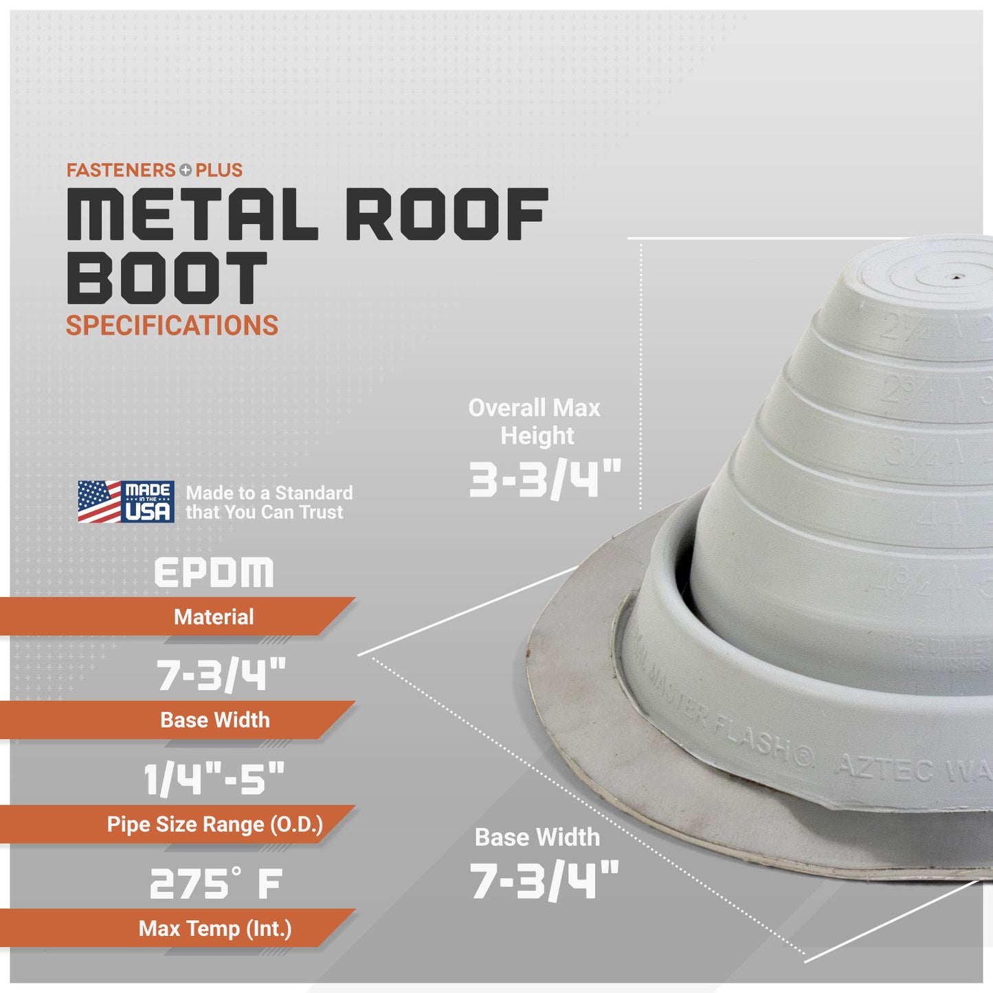 Metal roof boot with specifications on a gray background