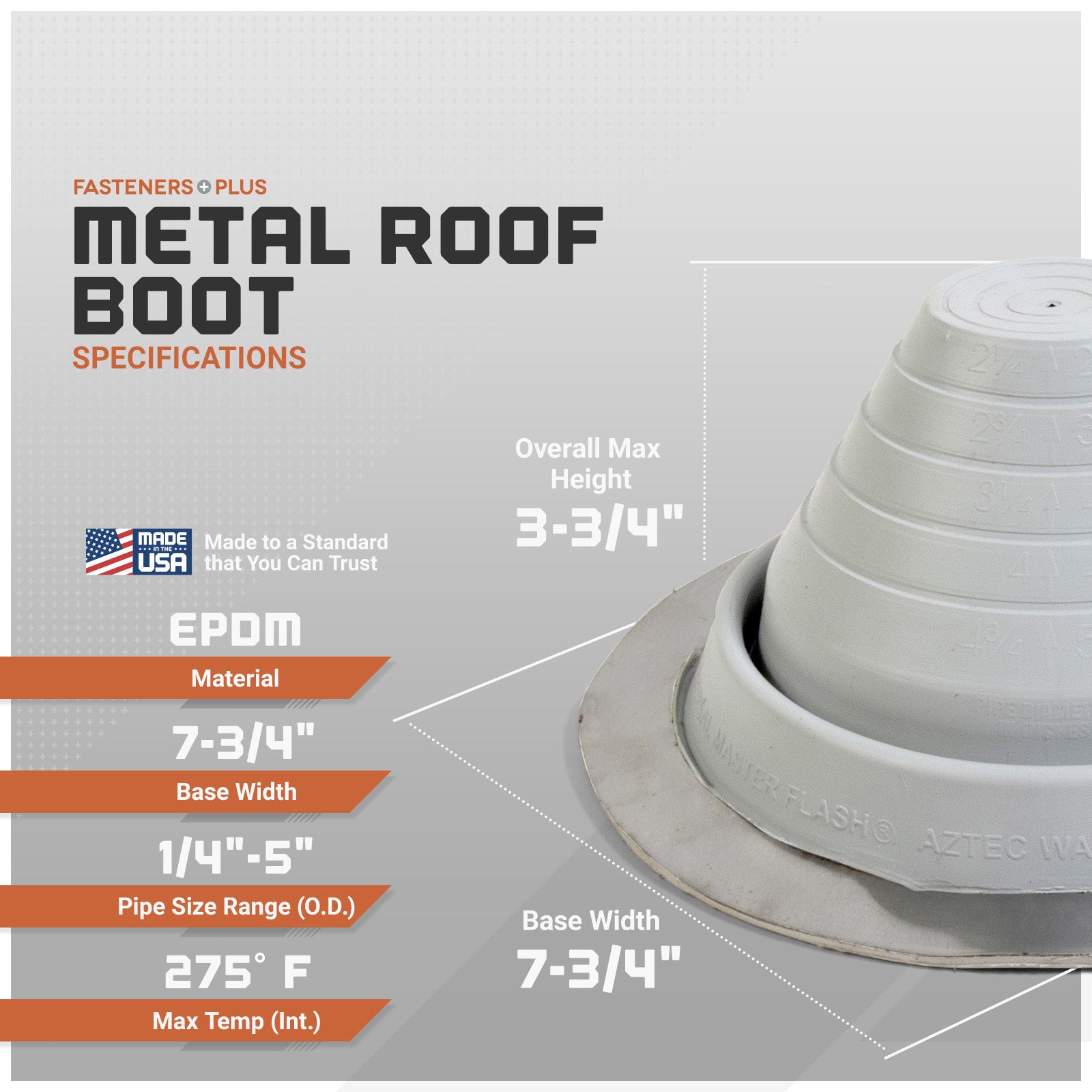 Metal roof boot with specifications on a gray background