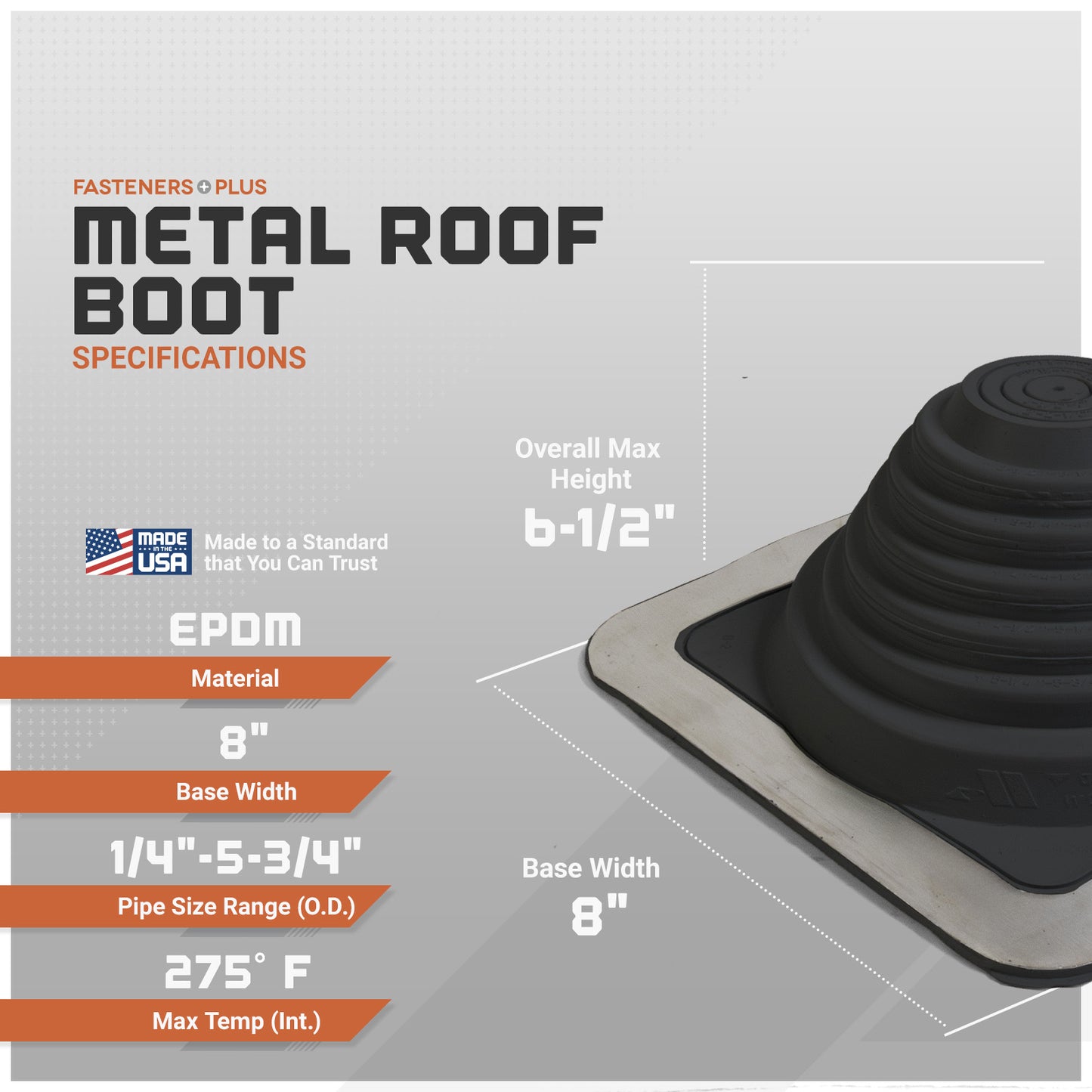 Metal roof boot specifications with dimensions and material details on a gray background