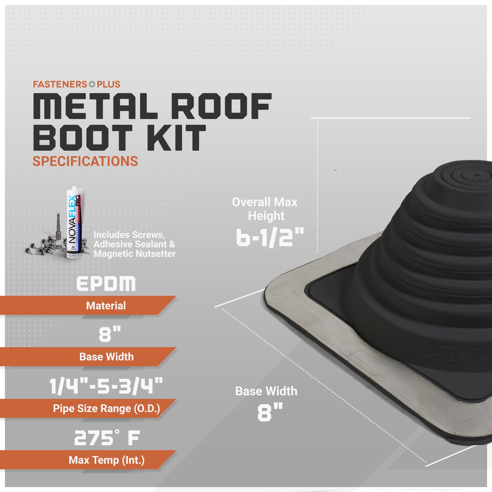 Metal roof boot kit with specifications on a gray background