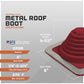 Metal roof boot specifications with a red roof boot on a gray background