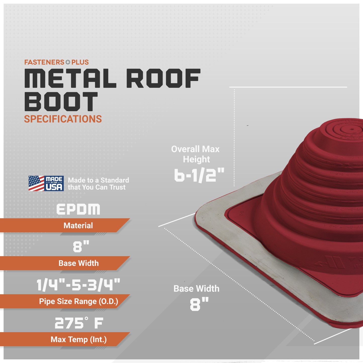 Metal roof boot specifications with a red roof boot on a gray background