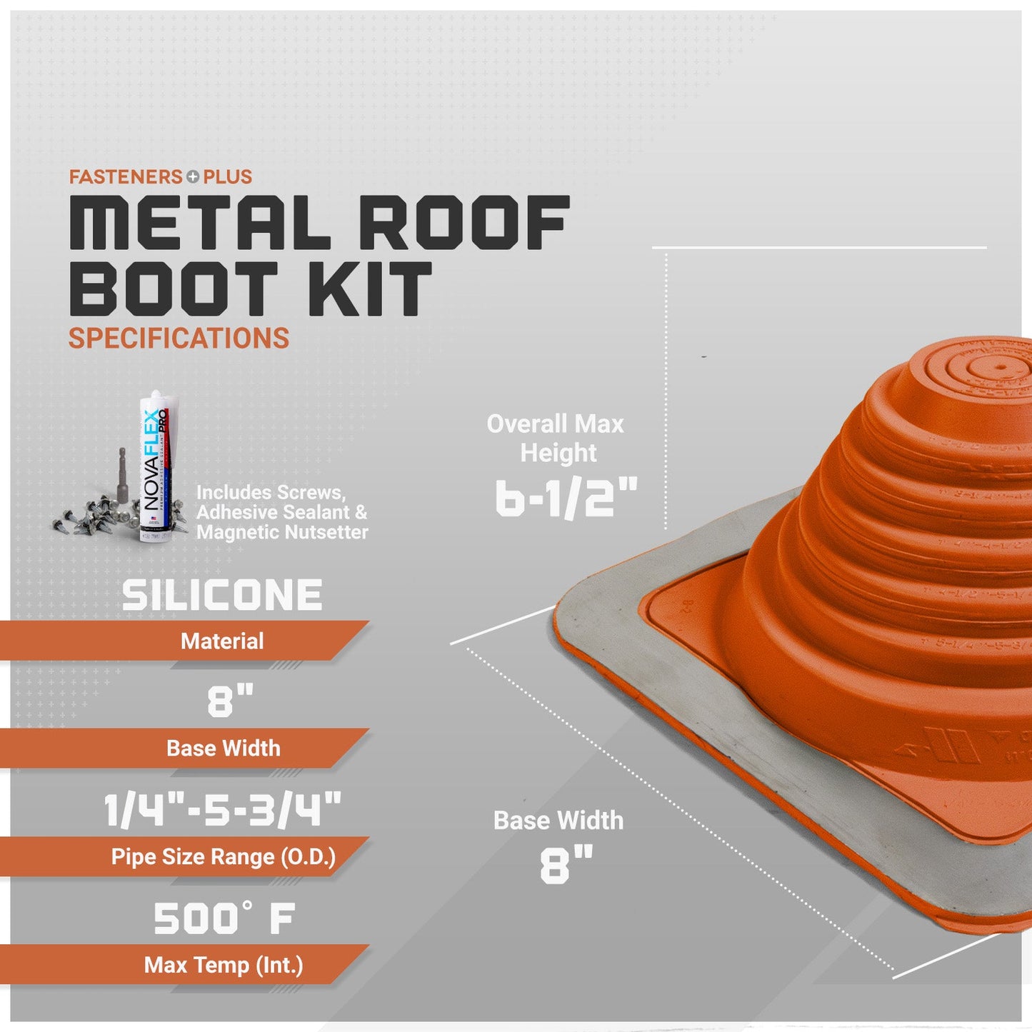 Metal roof boot kit with specifications on a gray background