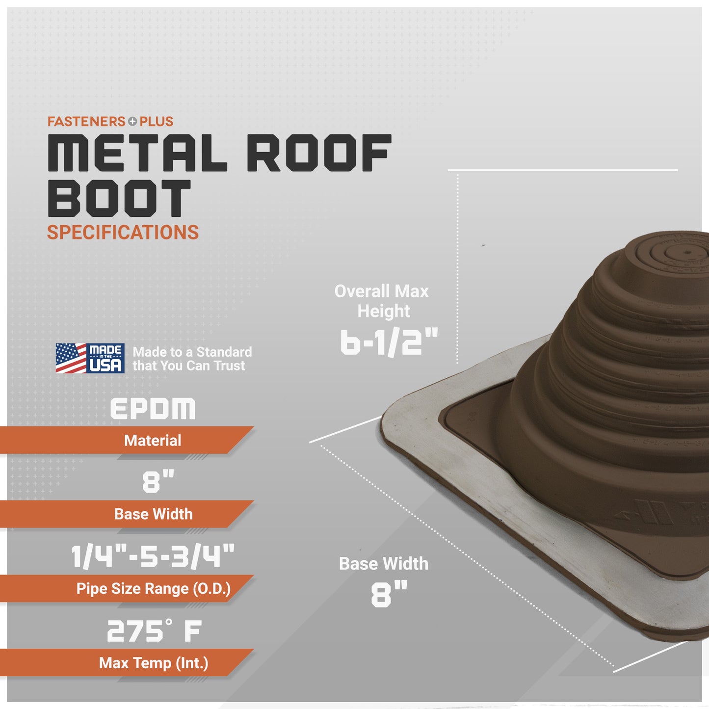 #3 Roofjack Square EPDM Pipe Flashing Boot for Metal Roof, Brown