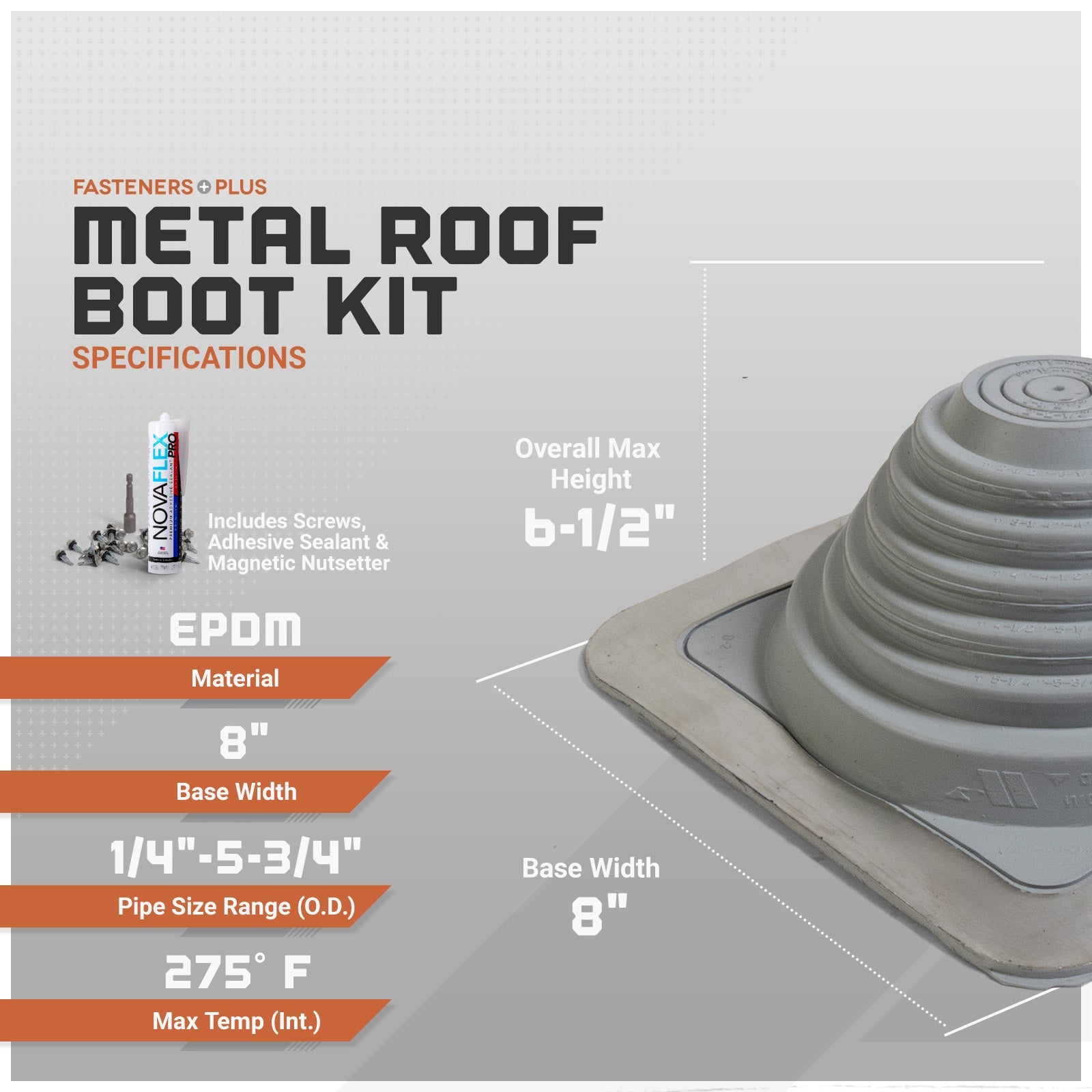 Metal roof boot kit with specifications on a gray background