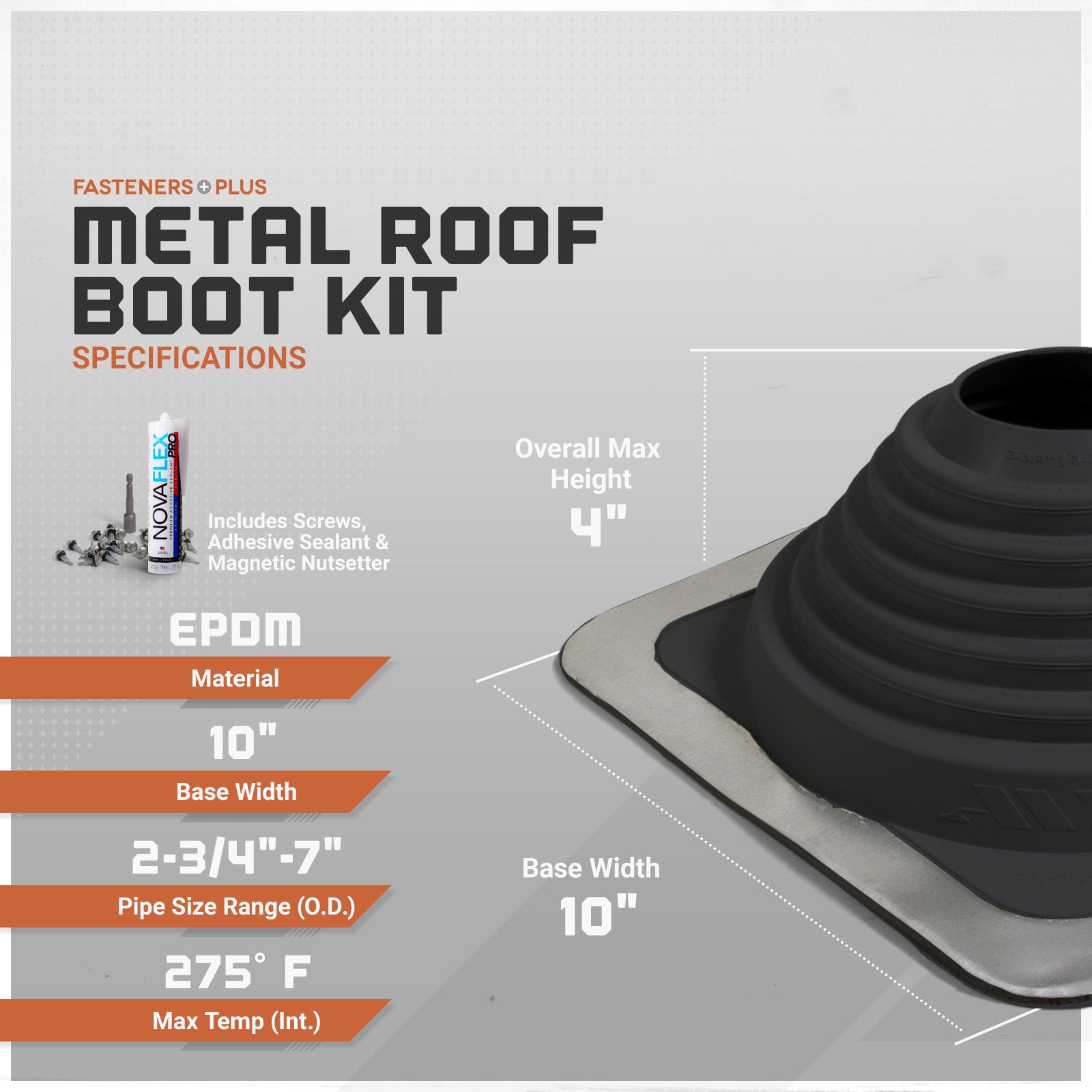 Metal roof boot kit with specifications on a gray background