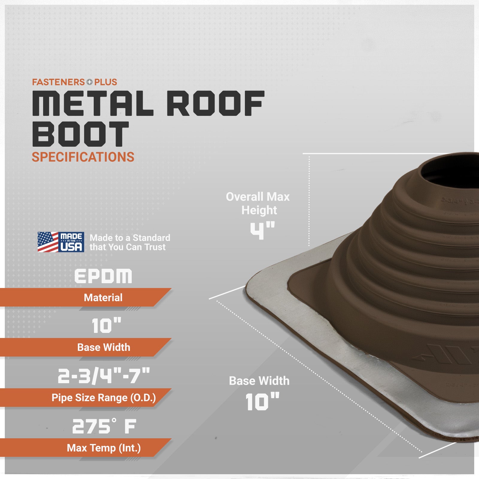 Metal roof boot specifications with dimensions and material details on a gray background