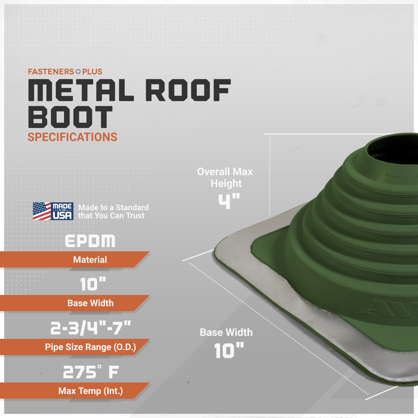 Metal roof boot with specifications on a gray background