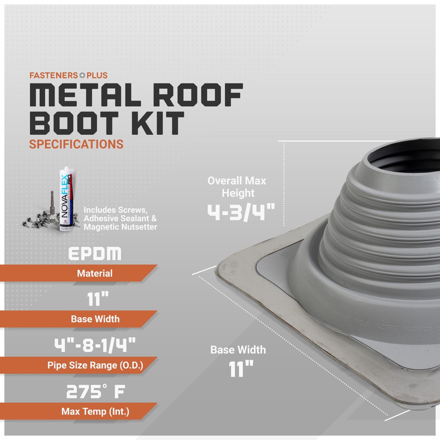 Metal roof boot kit with specifications on a gray background