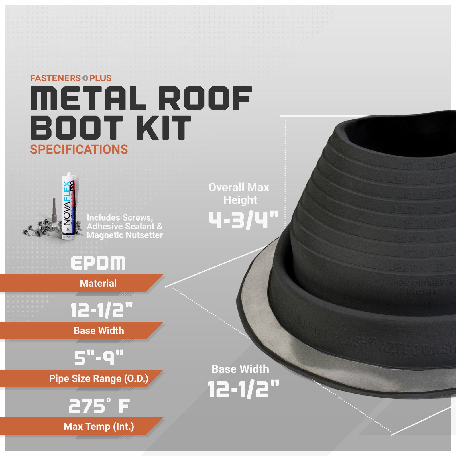 Metal roof boot kit with specifications on a gray background