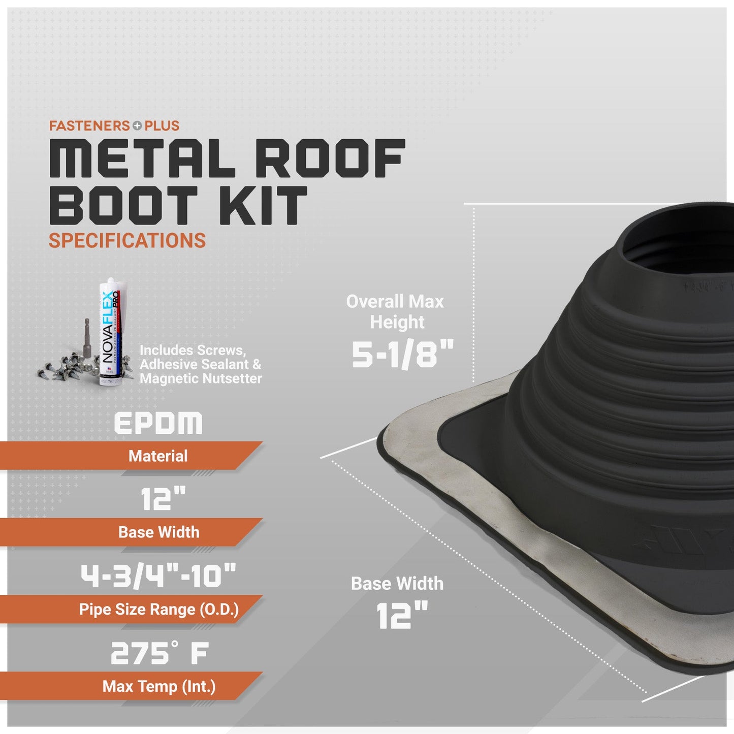 Metal roof boot kit with specifications on a gray background