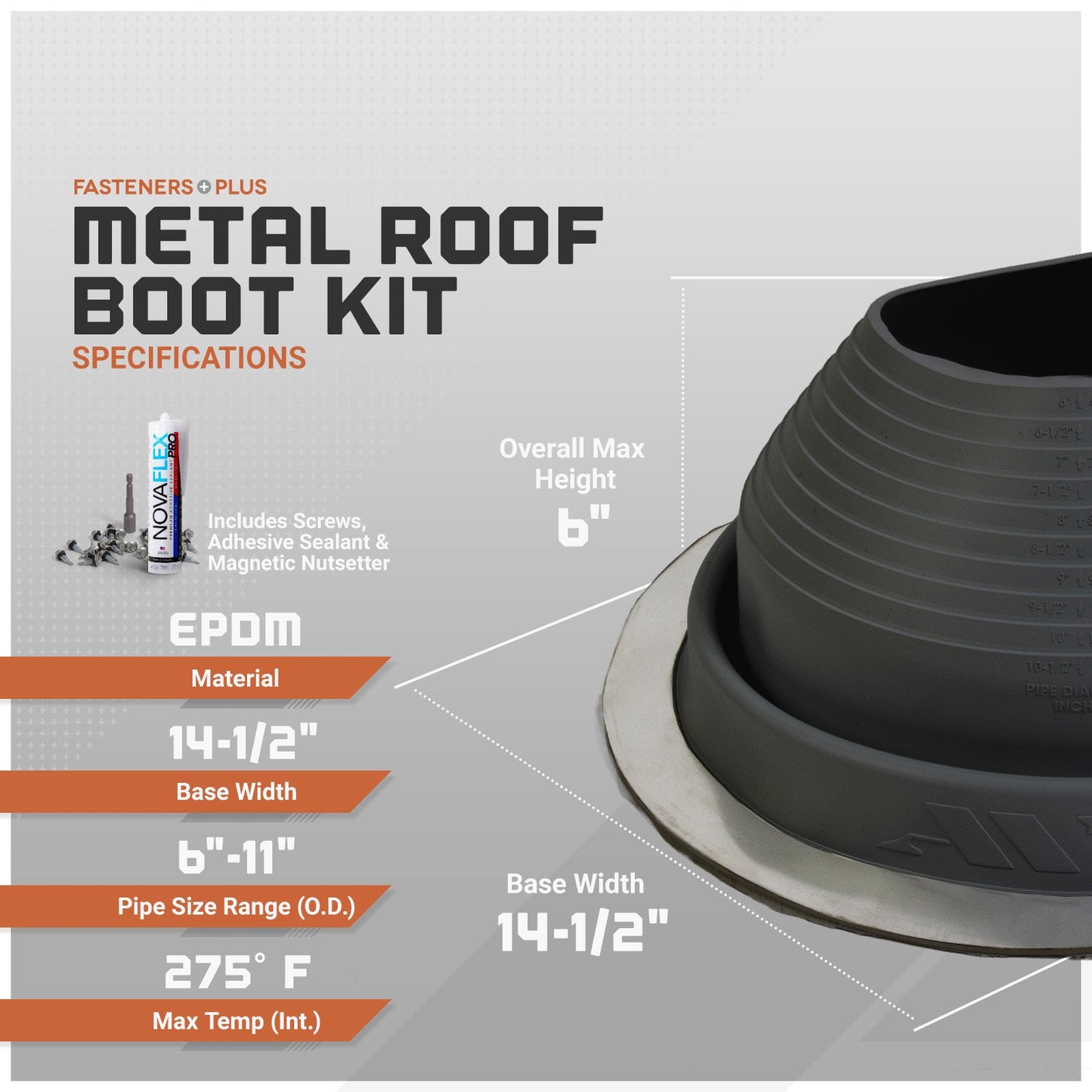 Metal roof boot kit with specifications on a gray background