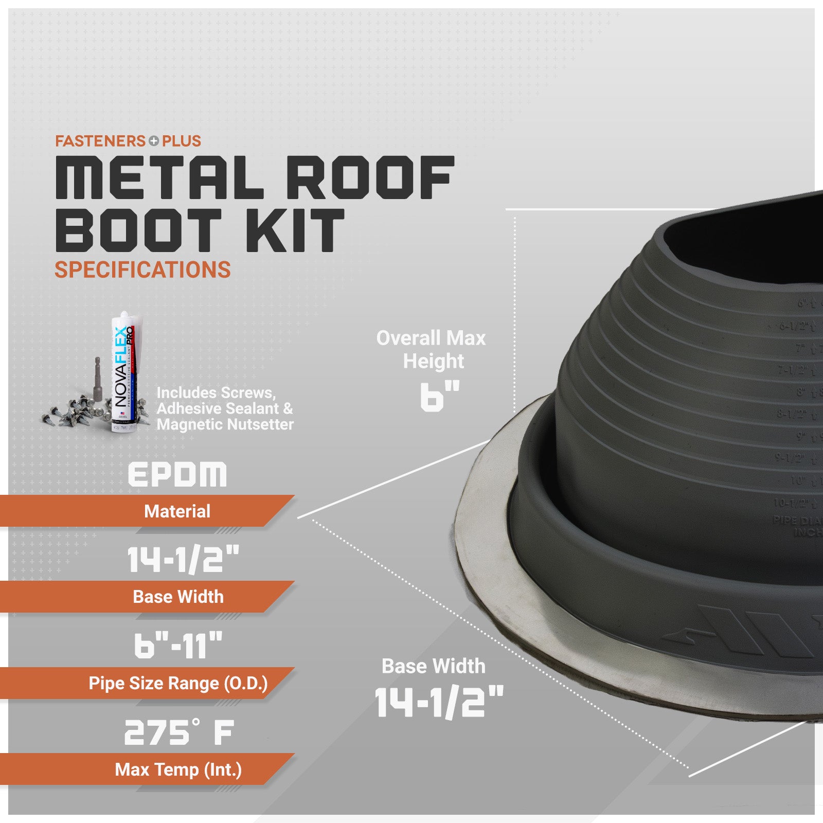 Metal roof boot kit with specifications on a gray background