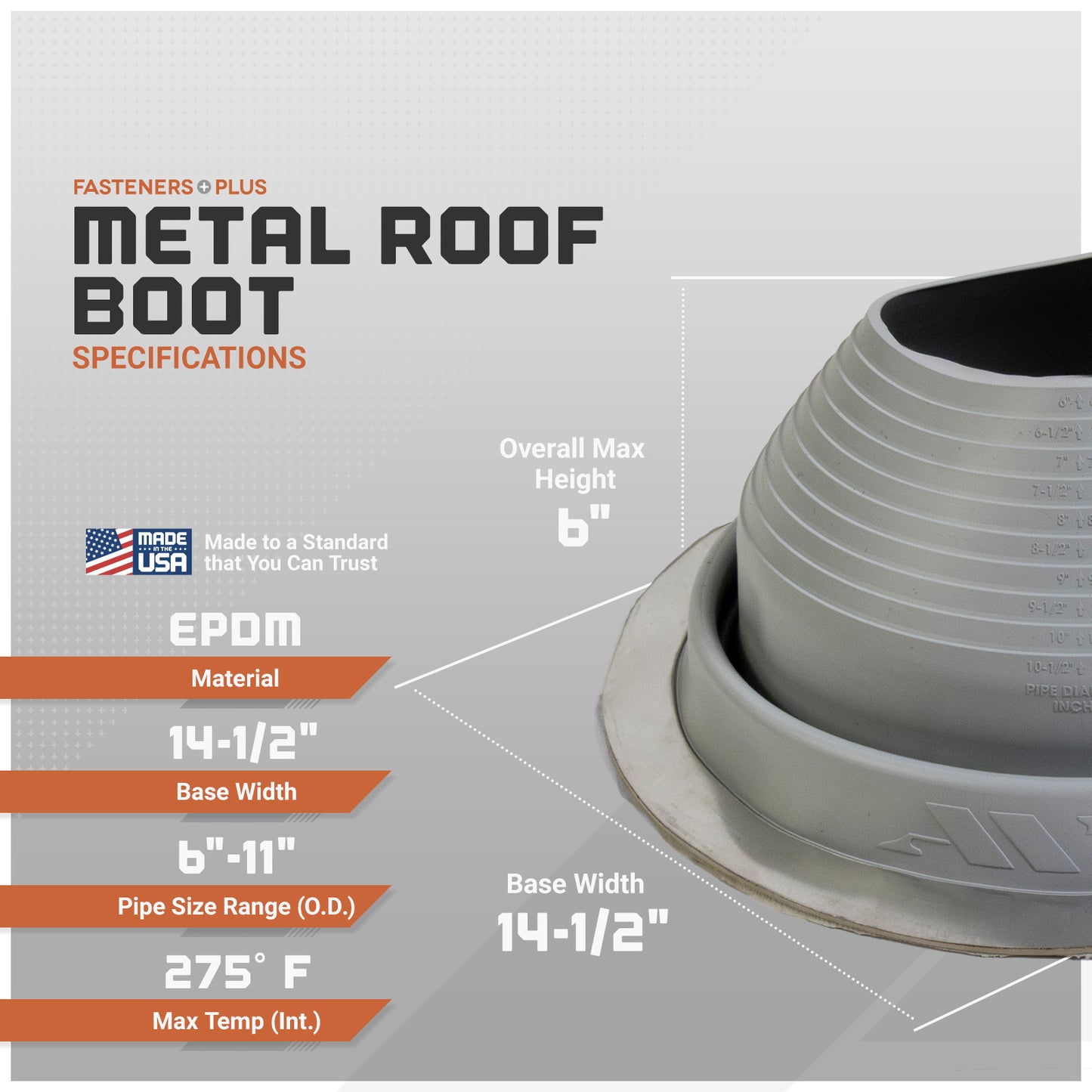 Metal roof boot with specifications on a gray background