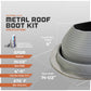 Metal roof boot kit with specifications on a gray background