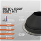 Metal roof boot kit with specifications on a gray background