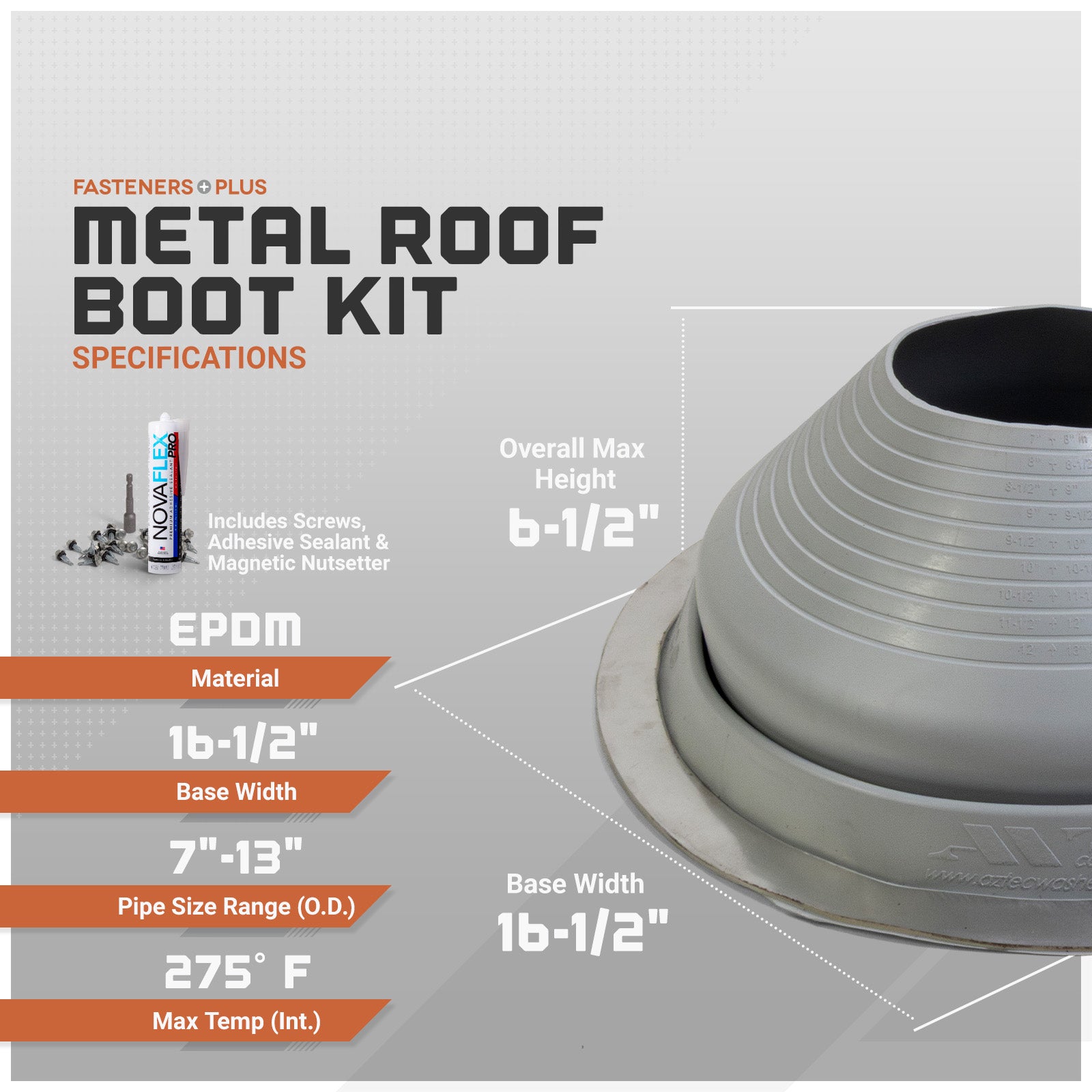 Metal roof boot kit with specifications on a gray background
