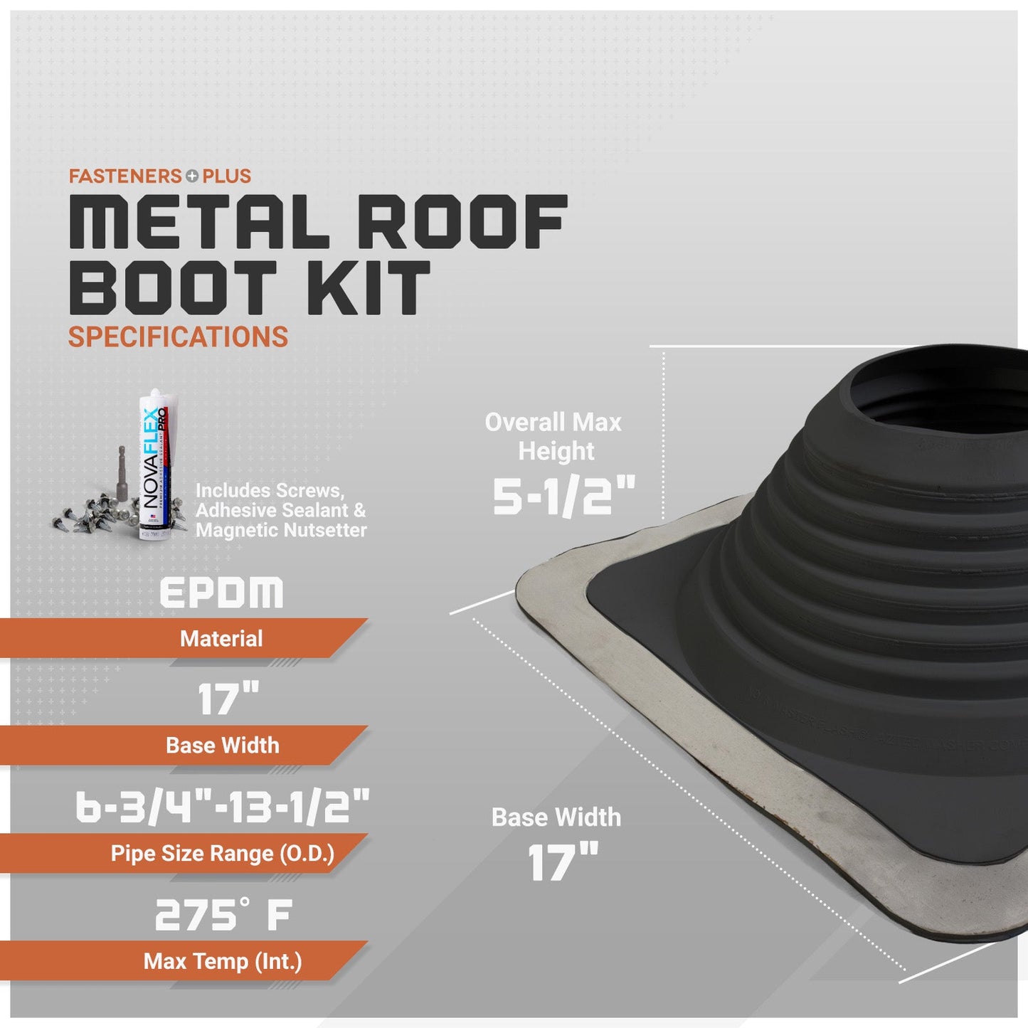 Metal roof boot kit with specifications on a gray background