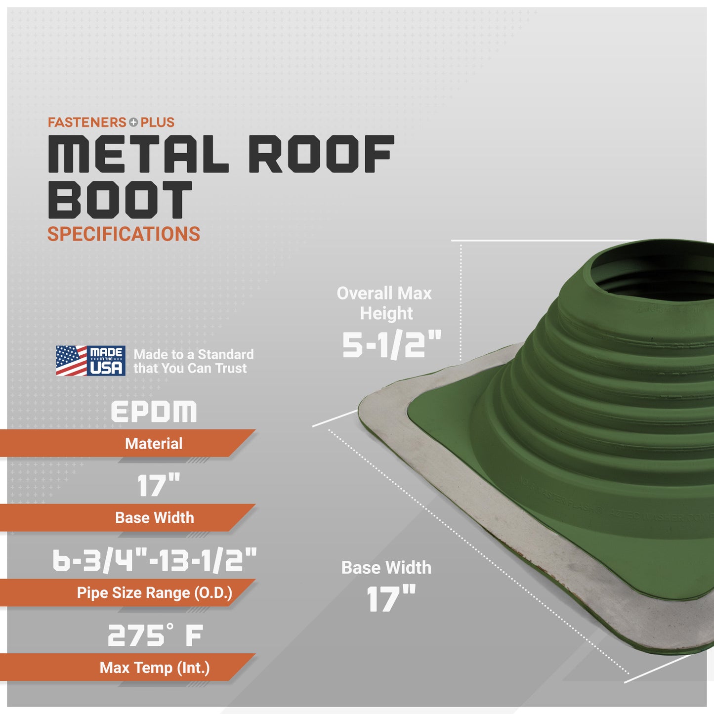 Metal roof boot specifications with green boot on gray background