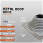 Metal roof boot specifications with dimensions and material details on a gray background