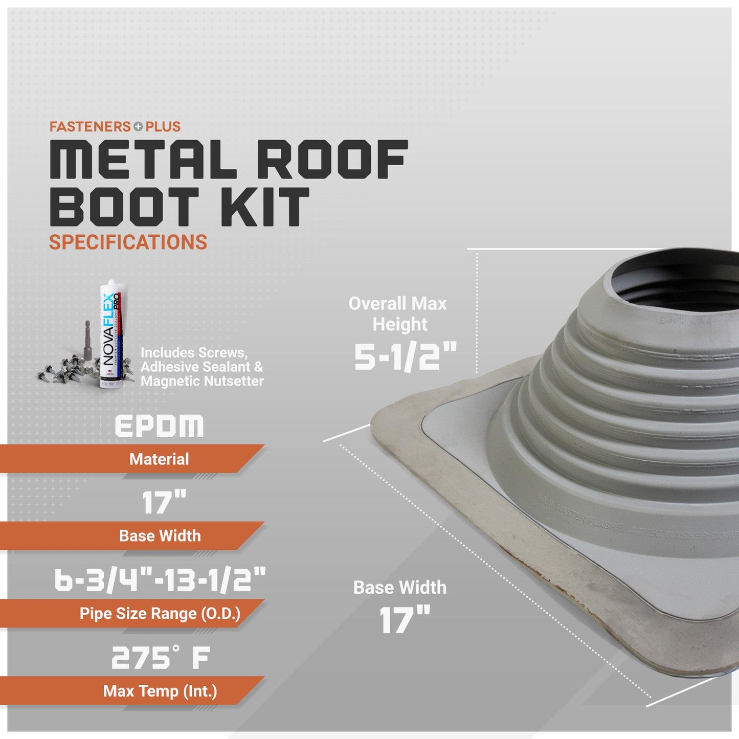 Metal roof boot kit with specifications on a gray background