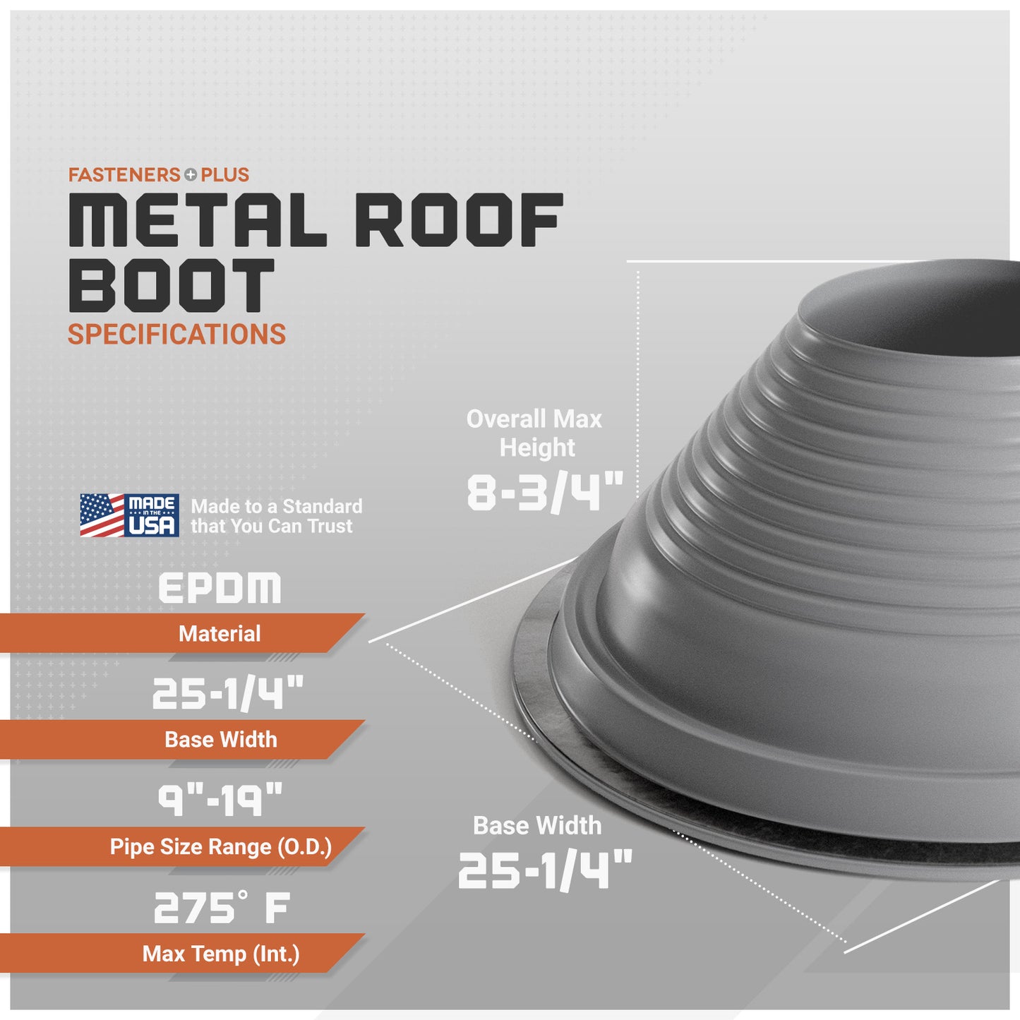 Metal roof boot with specifications on a gray background