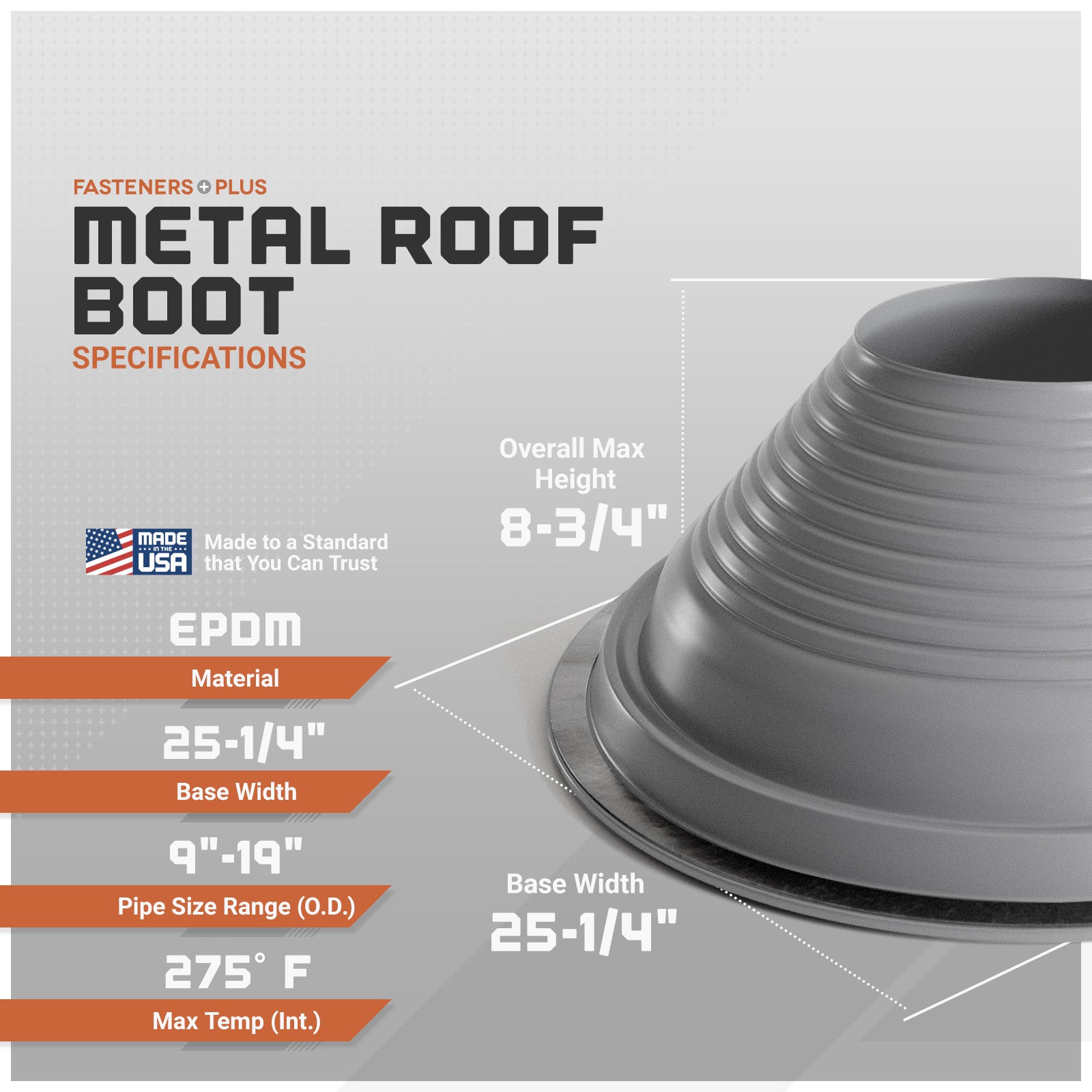 Metal roof boot with specifications on a gray background