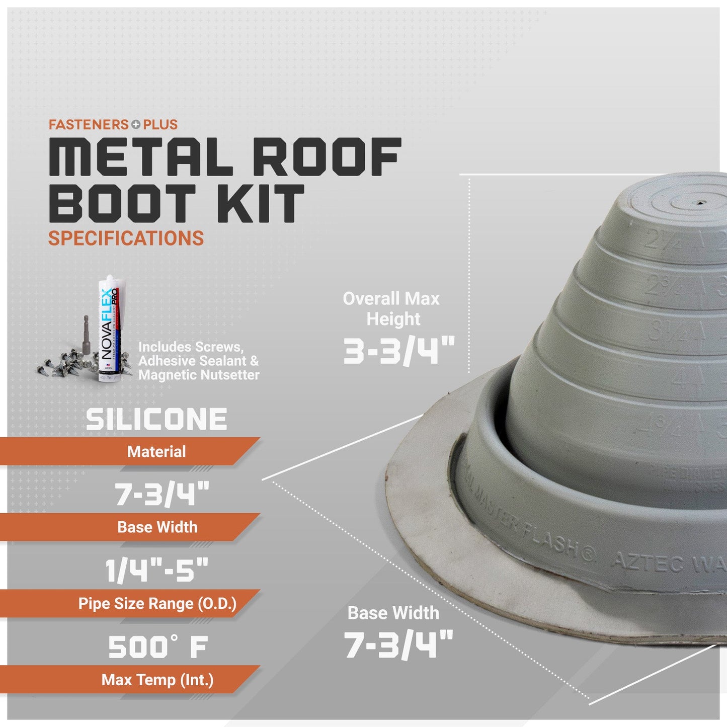 Metal roof boot kit with specifications on a gray background