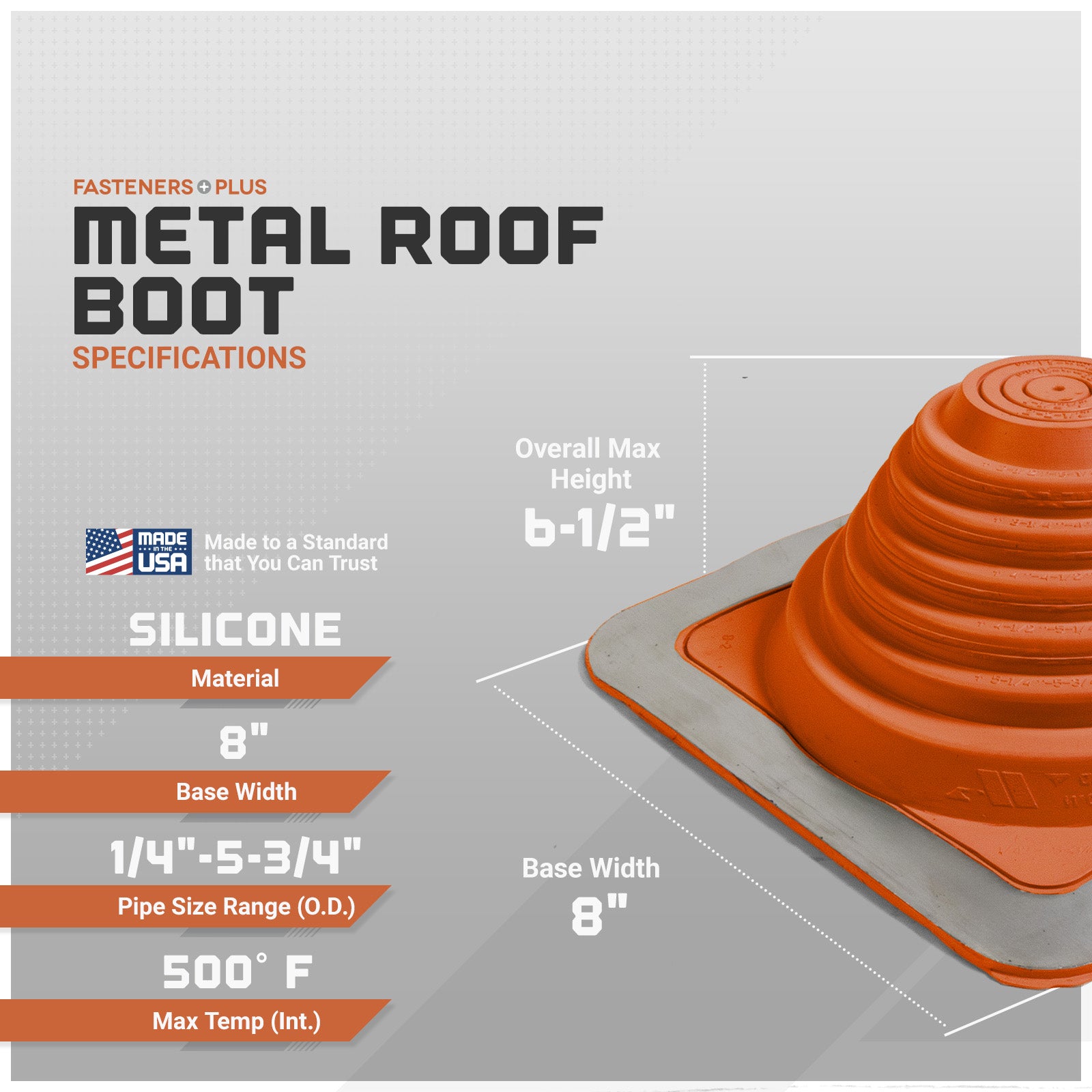 Metal roof boot with specifications on a gray background