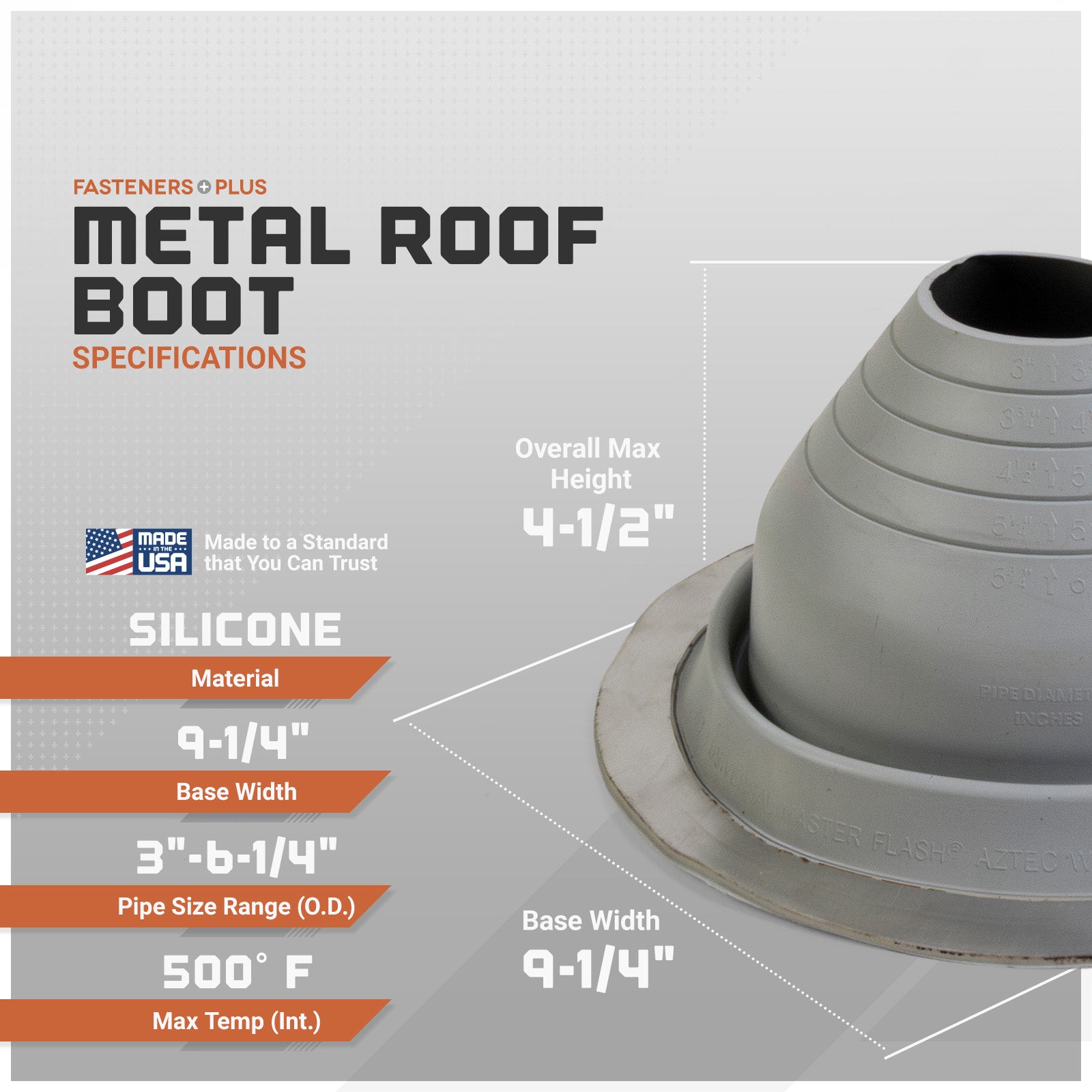 Metal roof boot with specifications on a gray background