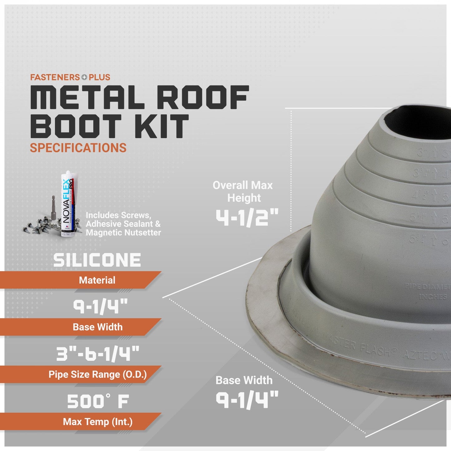 Metal roof boot kit with specifications on a gray background