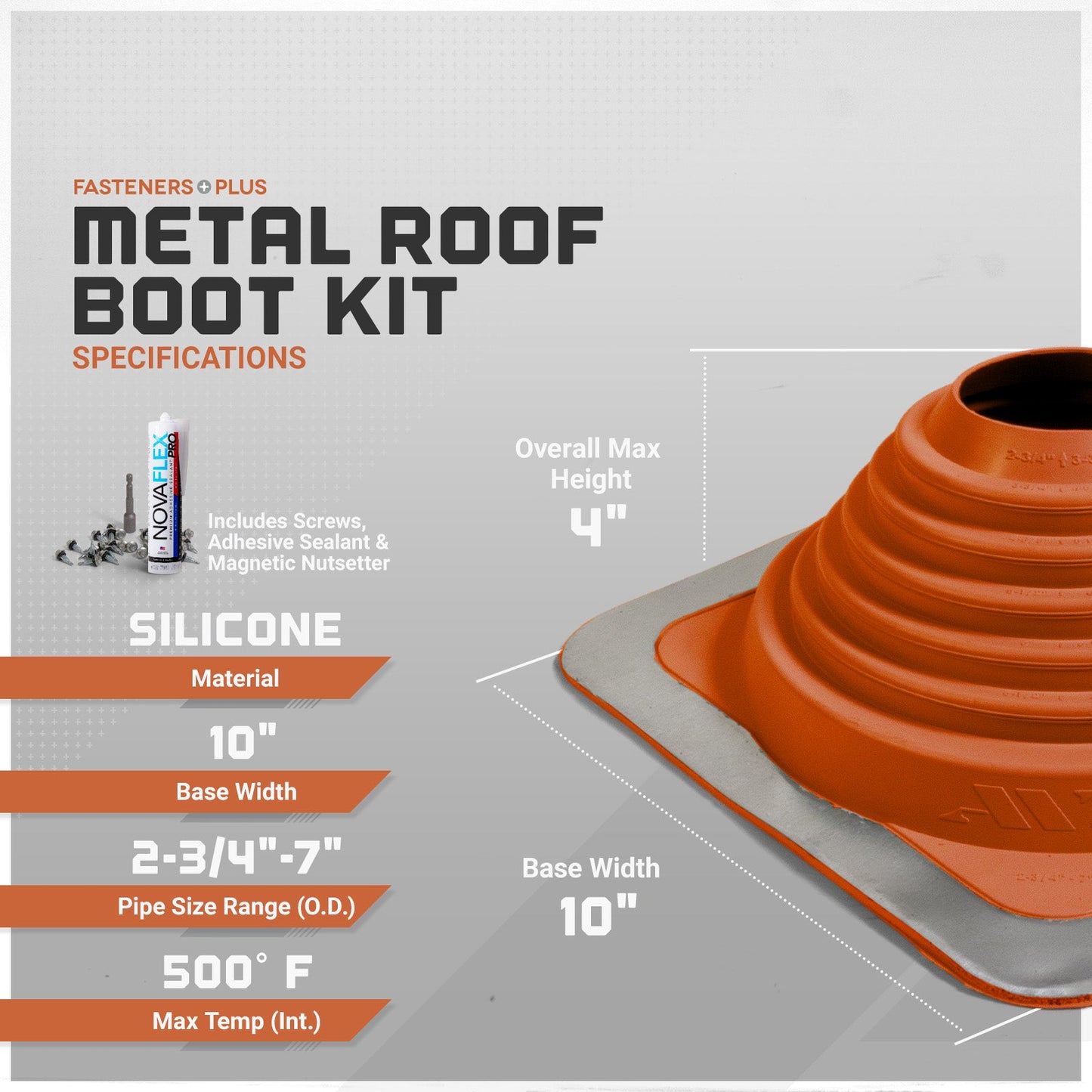Metal roof boot kit with specifications on a gray background