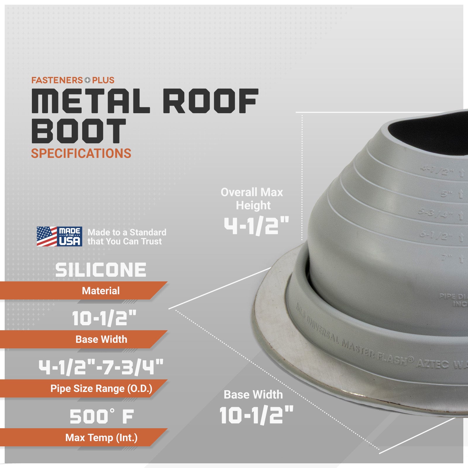 Metal roof boot with specifications on a gray background