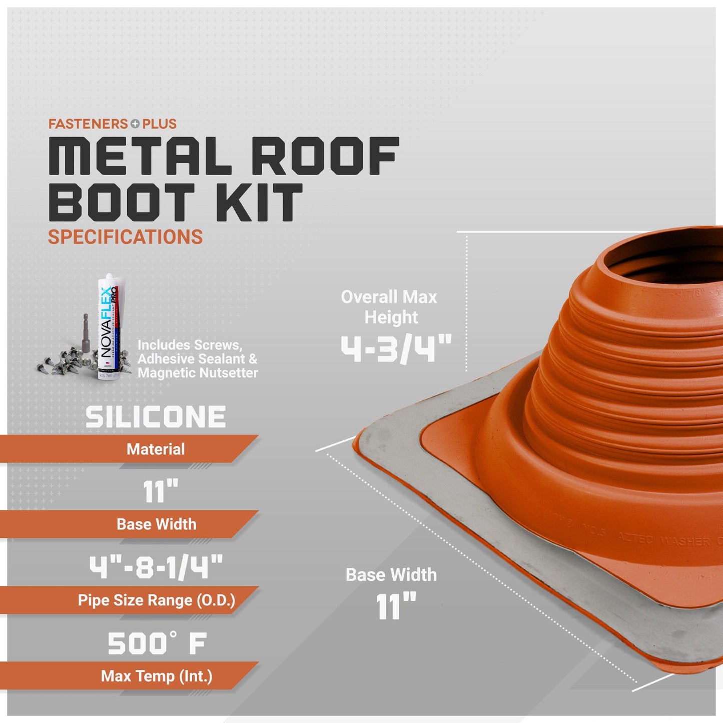 Metal roof boot kit with specifications on a gray background