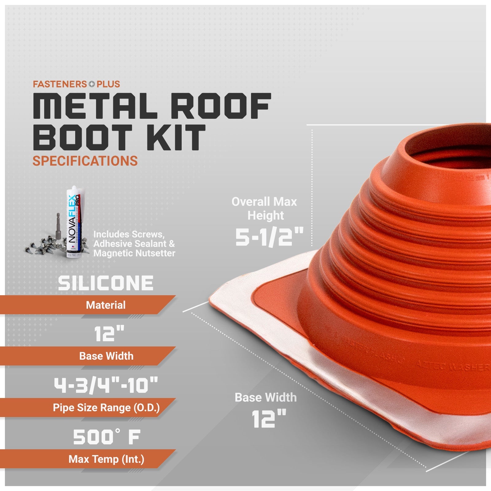 Metal roof boot kit with specifications on a gray background