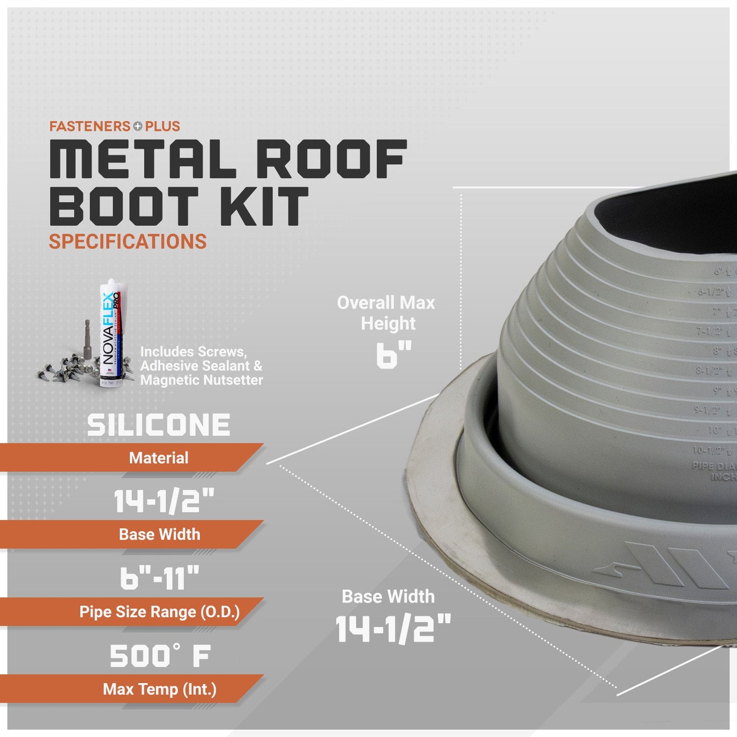 Metal roof boot kit with specifications on a gray background