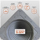 Close-up of a gray roof boot with a circular inset showing a 5-3/4" max cutout size. Orange callout icons around the top describe features like flexible aluminum base, 35 year warranty, UV resistant, easy to install, and versatile fit.
