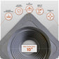 A close-up gray roof boot with orange icons and text above highlight features such as flexible aluminum base, 35 year warranty, UV resistant, easy to install, and versatile fit.