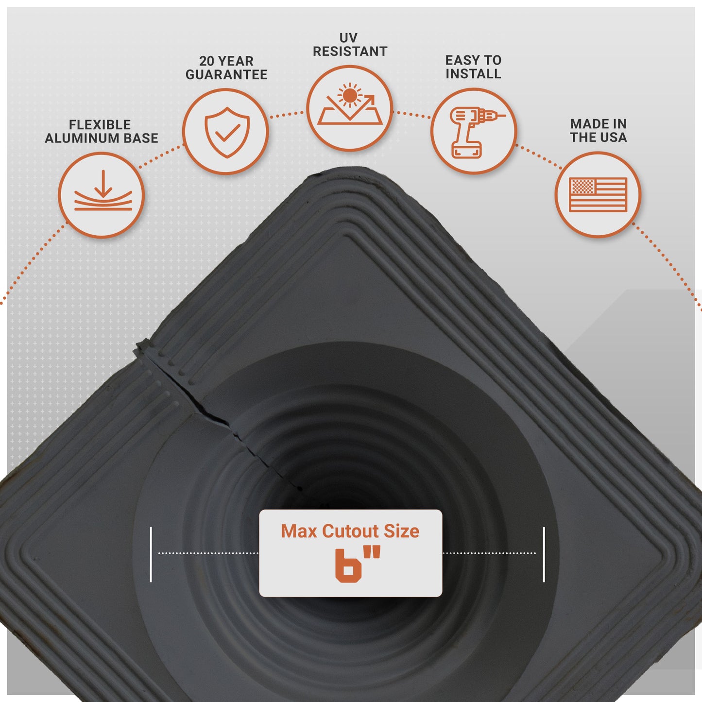 Black roof boot with features listed on a white background