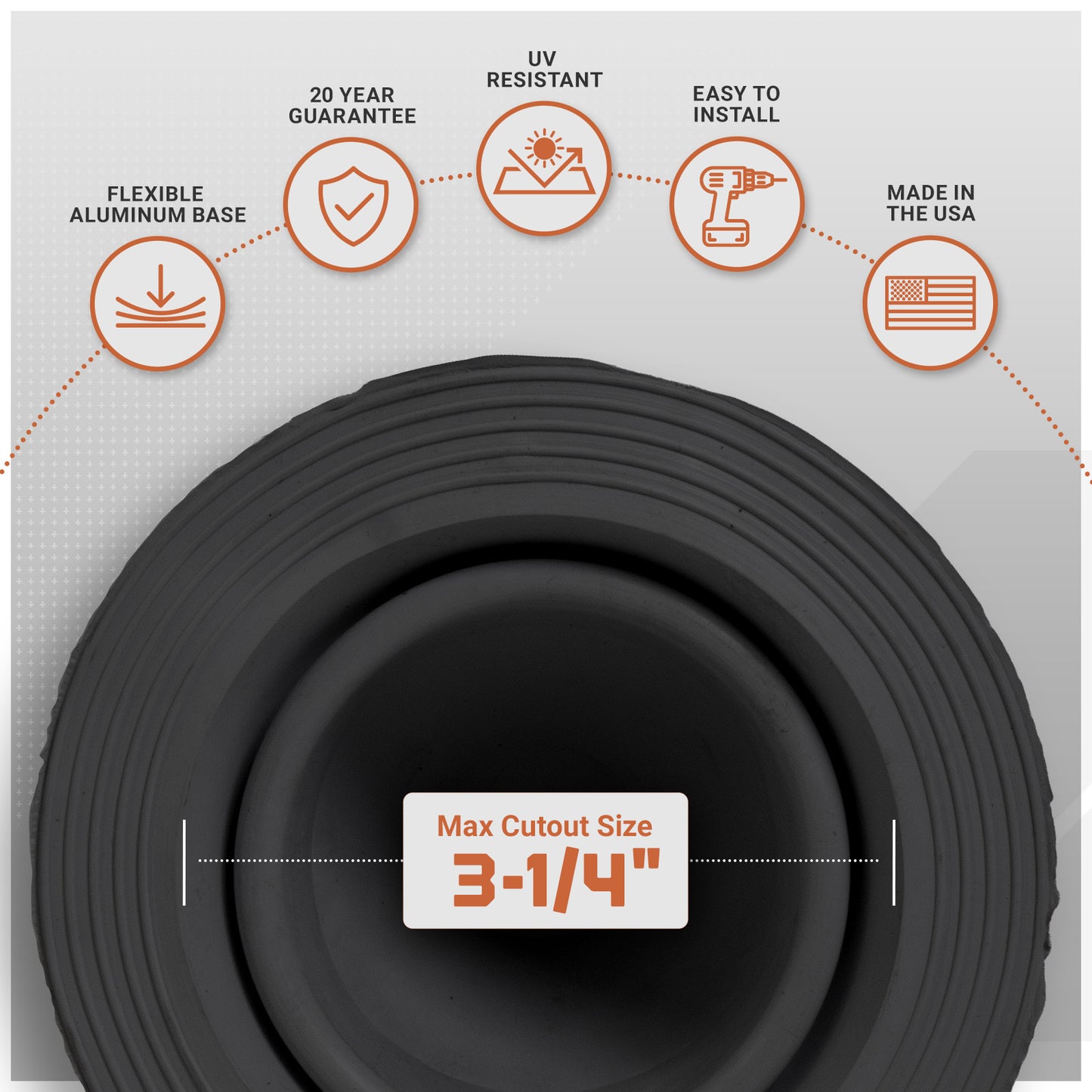 Metal roof boot with features listed on a gray background