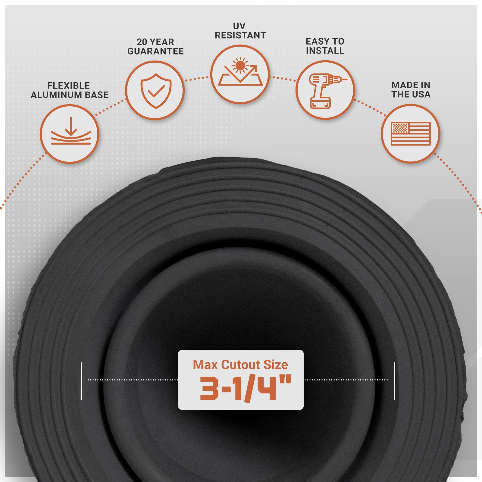 Metal roof boot with features listed on a gray background